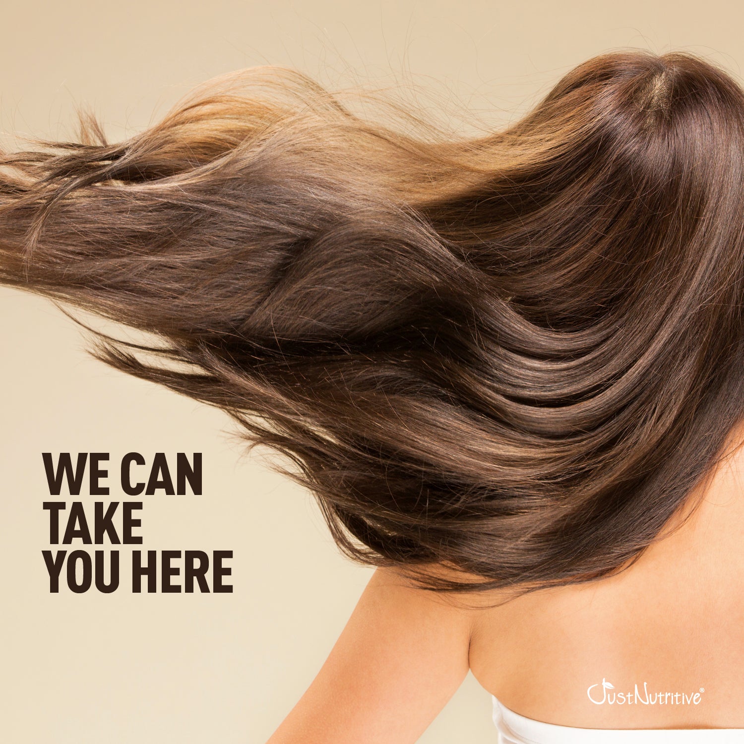 Long brown hair flowing with text 'WE CAN TAKE YOU HERE' on a beige background