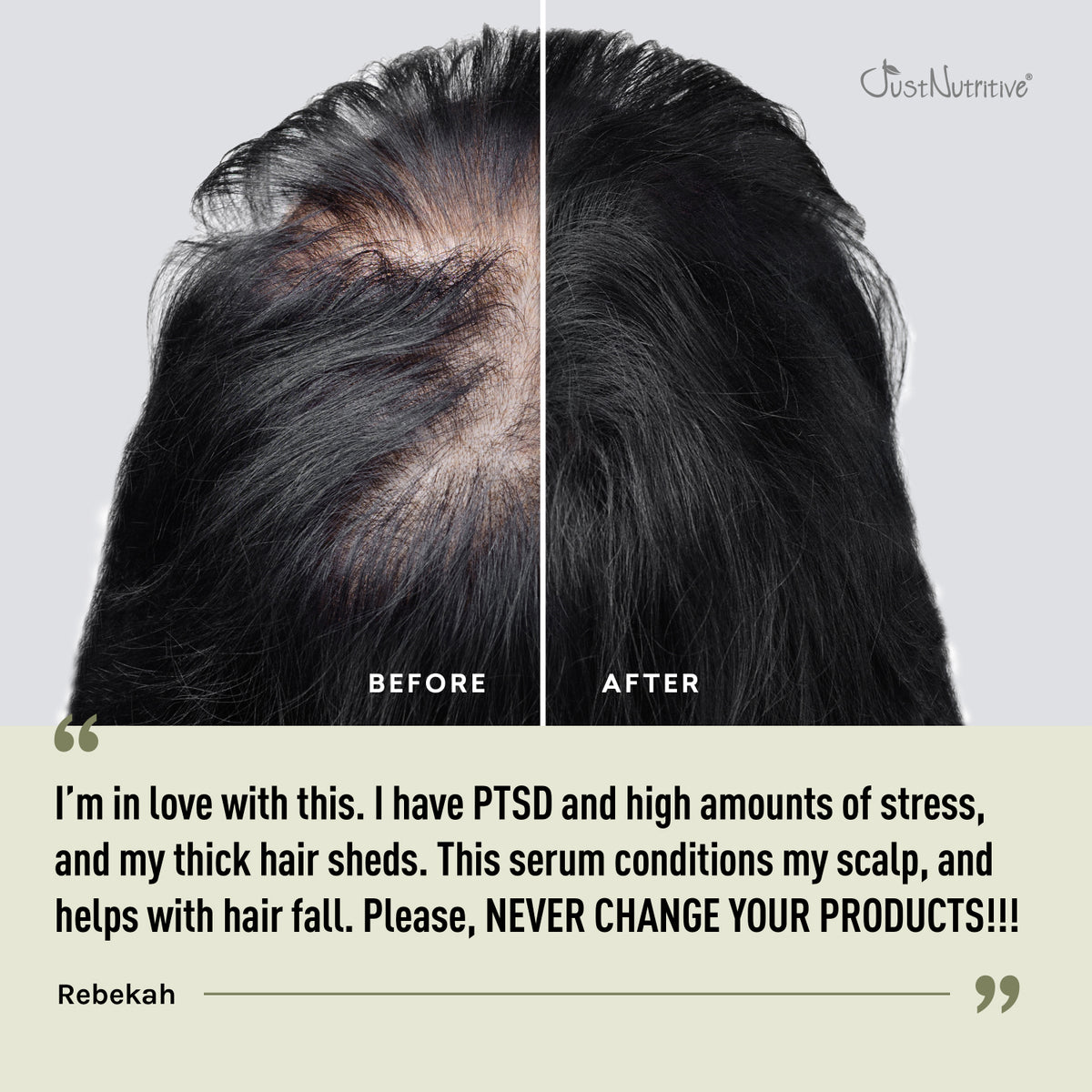 Before and after comparison of hair with a text overlay about a hair serum's effectiveness.