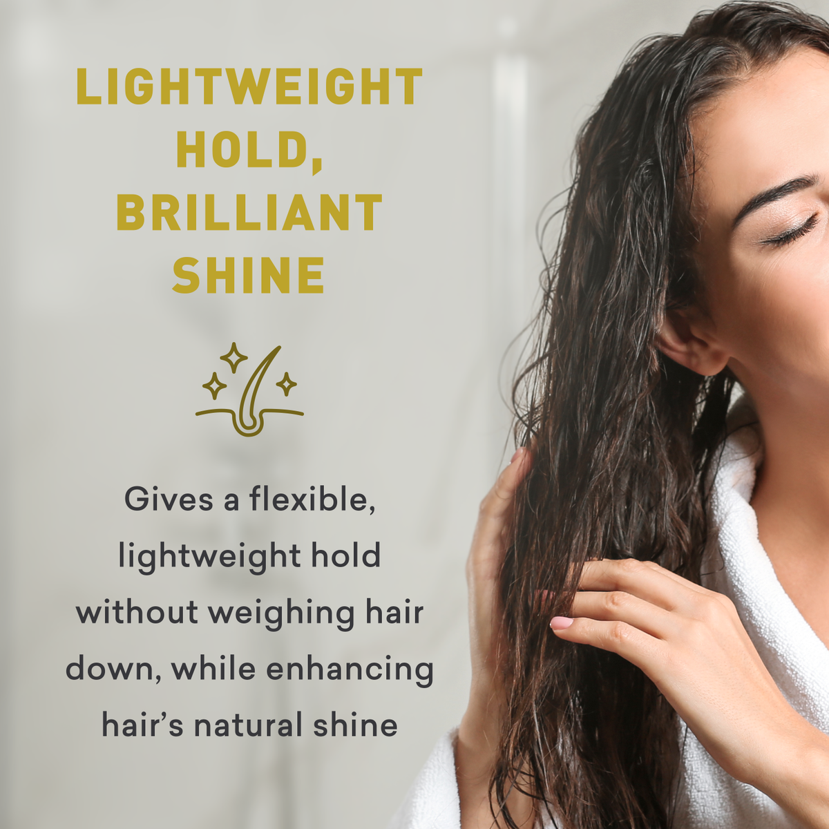 Woman with wet hair touching her hair, with text about hair product features.
