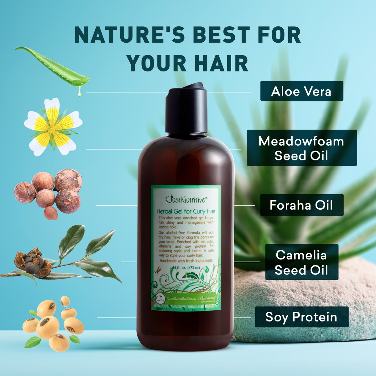 Herbal hair care product with ingredients listed on a blue background