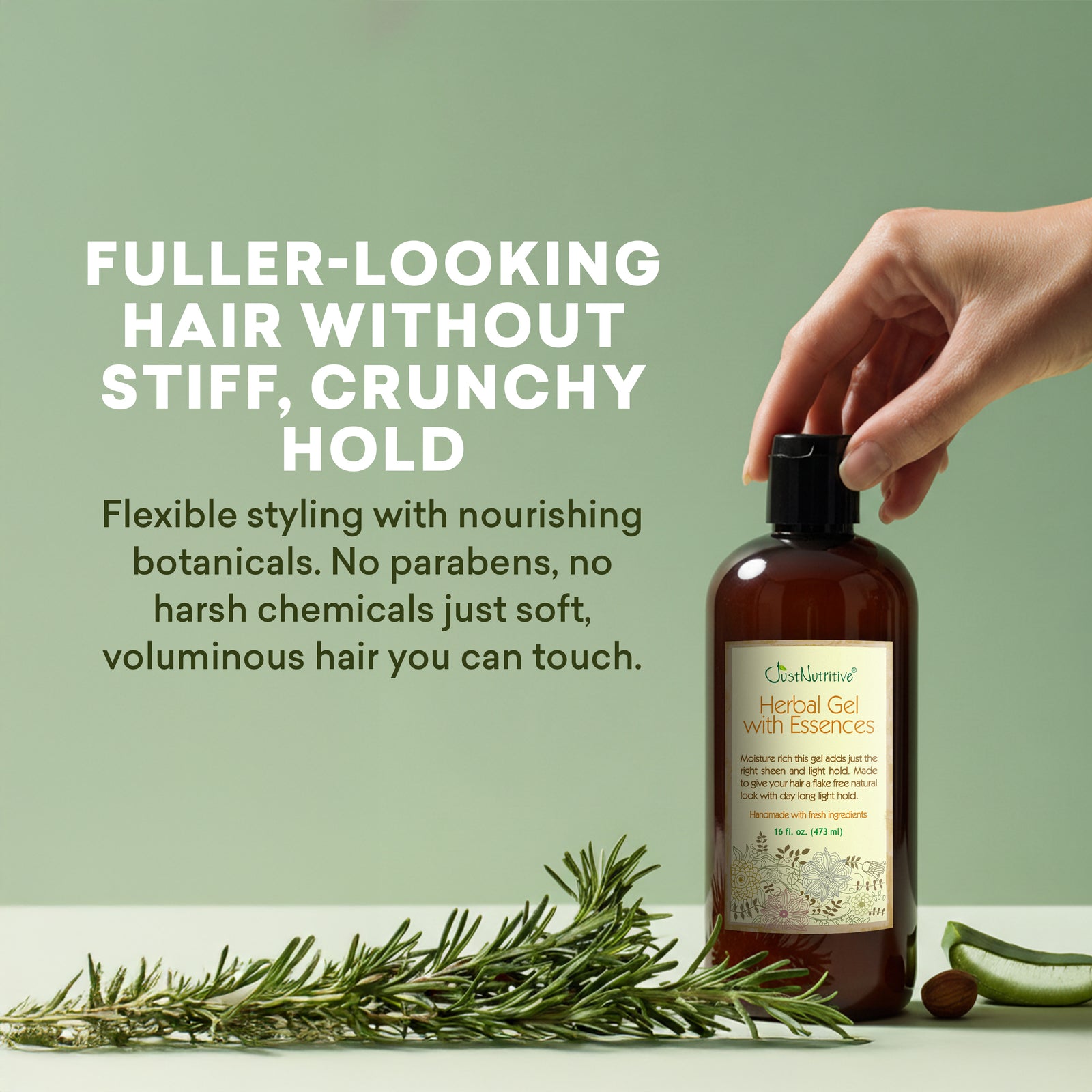 Bottle of herbal gel with text about hair care on a green background