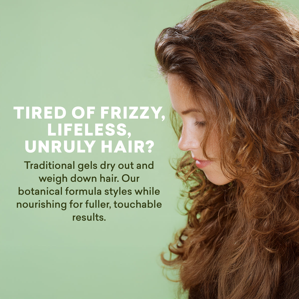 Woman with curly hair on a green background with text about hair care product.