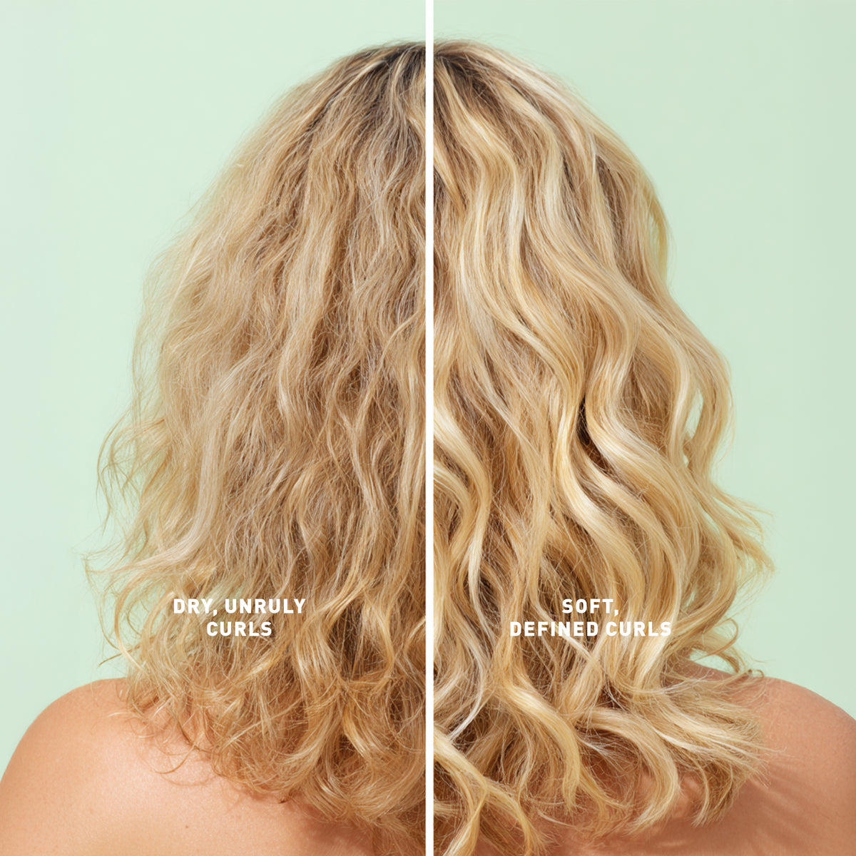 Comparison of dry, unruly curls versus soft, defined curls on a person with blonde hair against a light green background.