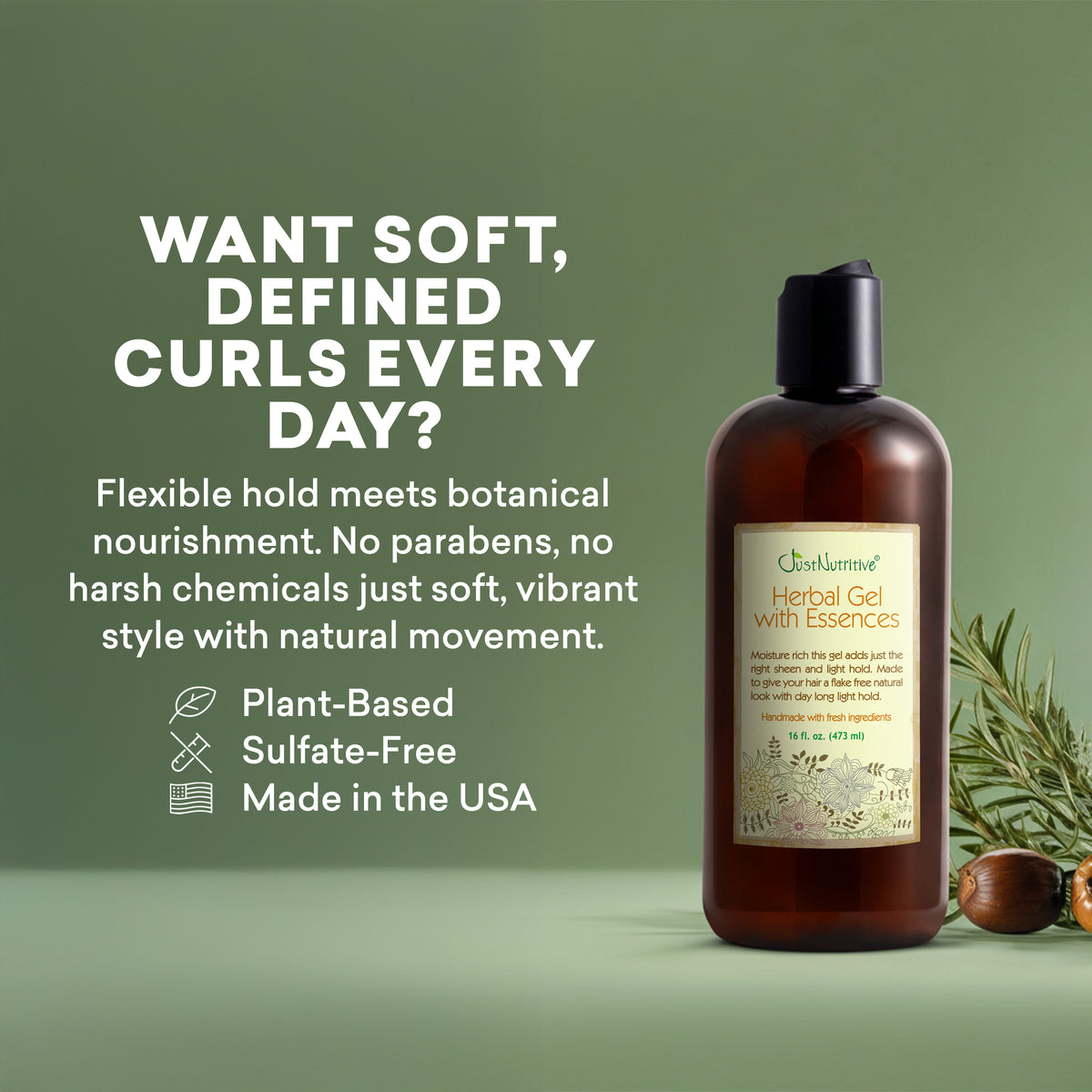 Herbal gel bottle with text on a green background