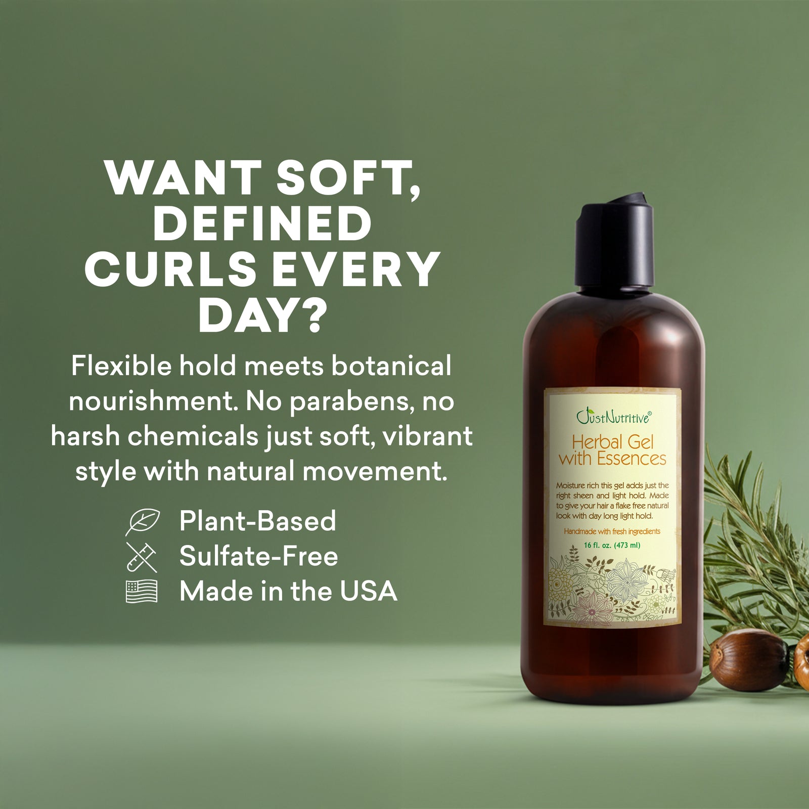 Herbal gel bottle with text on a green background