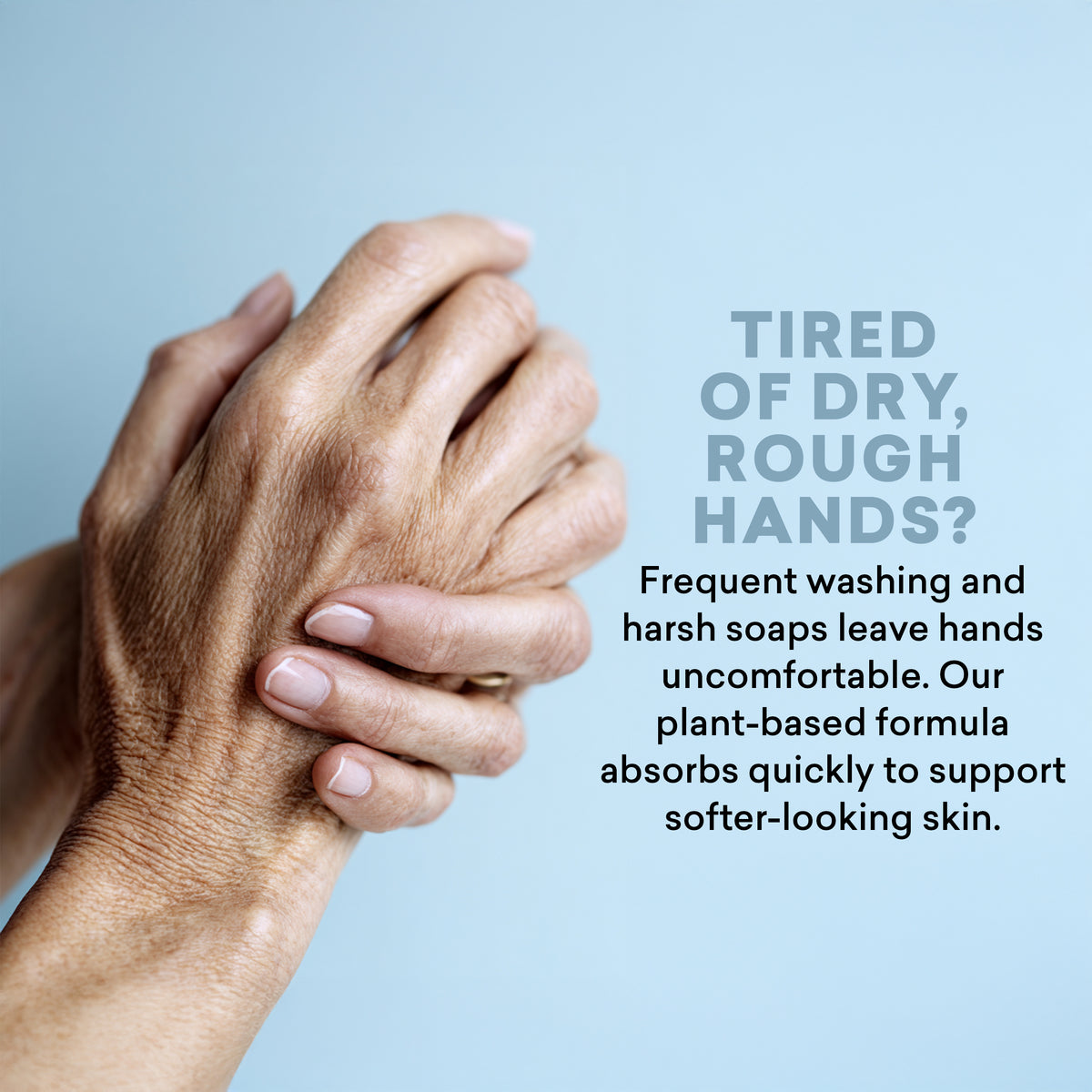 Dry, rough hands with text about a plant-based hand cream formula.