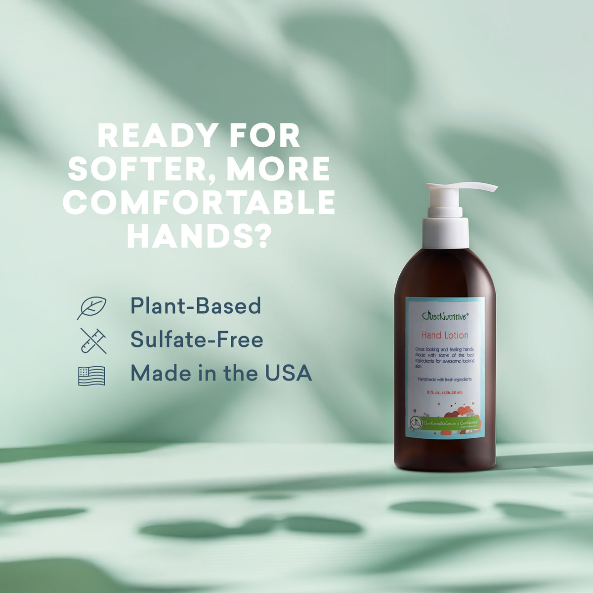 Hand lotion bottle with text about softer, more comfortable hands on a light green background