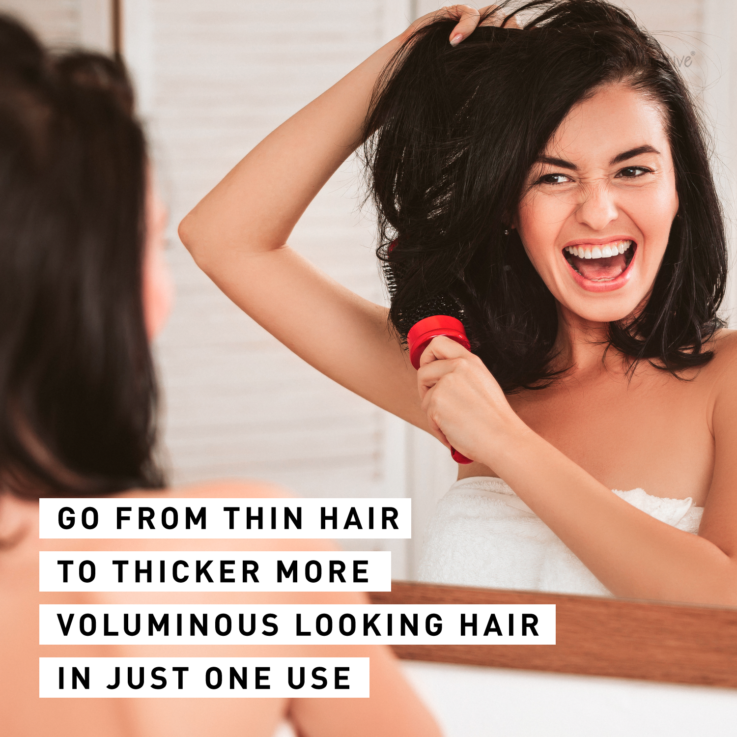 Woman using a hair volumizer product in front of a mirror with text overlay.