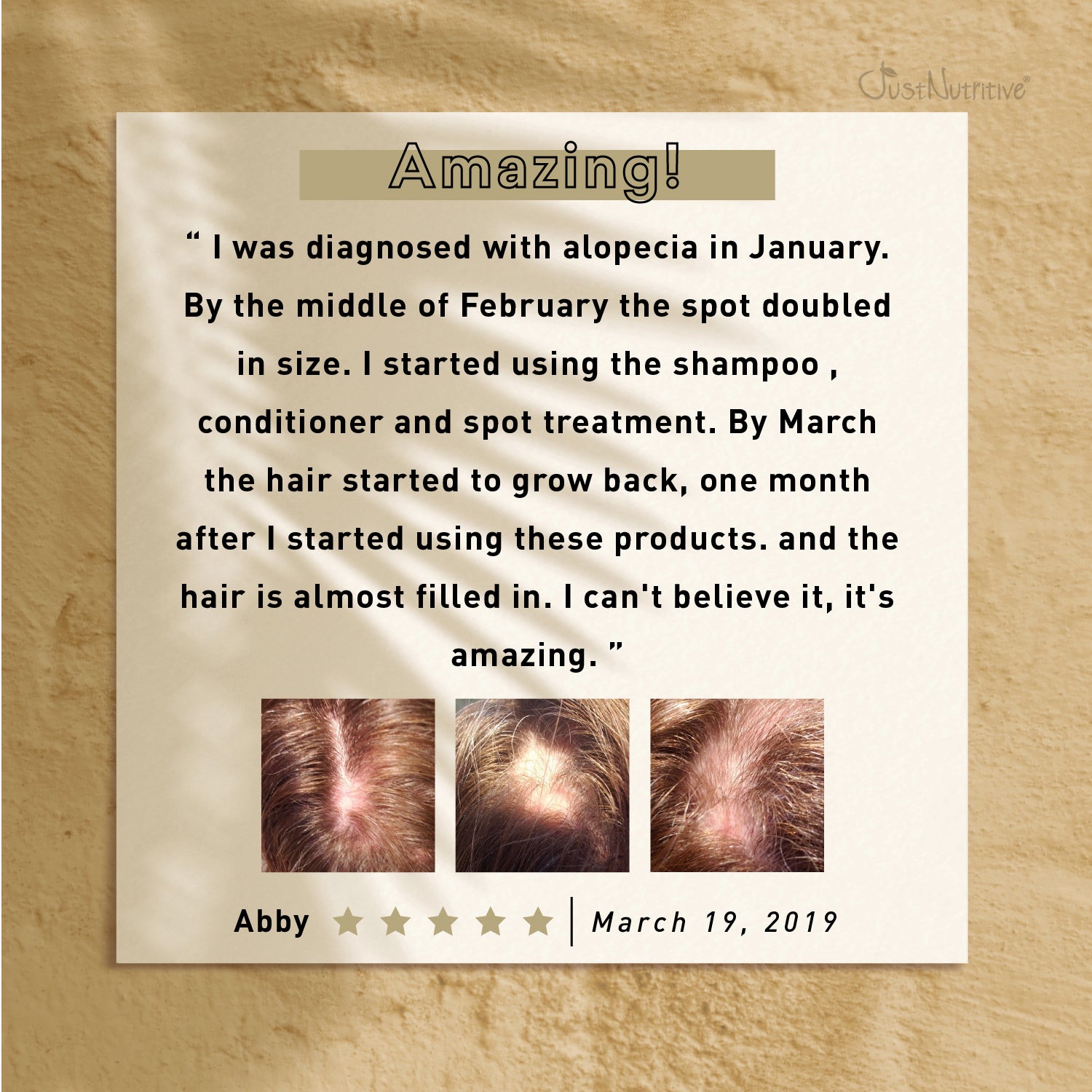 Testimonial about hair growth treatment with before and after images on a wooden background
