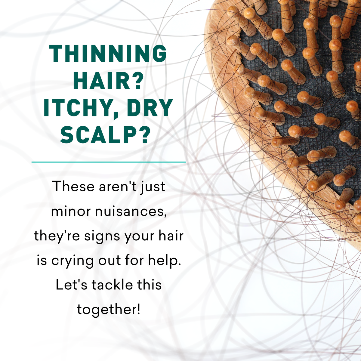 Hairbrush with text about thinning hair and itchy, dry scalp on a white background