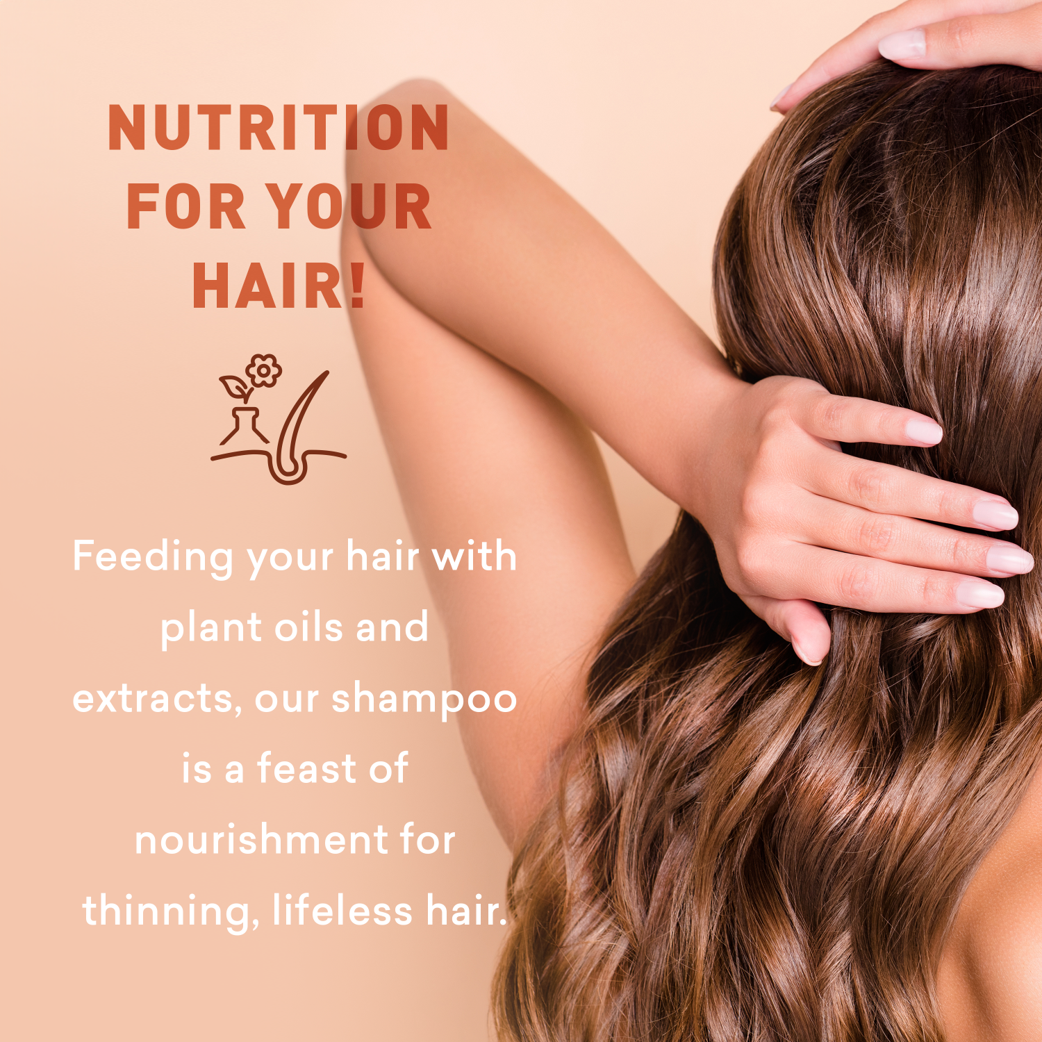 Person with long, healthy hair touching their head against a beige background with text about shampoo benefits.