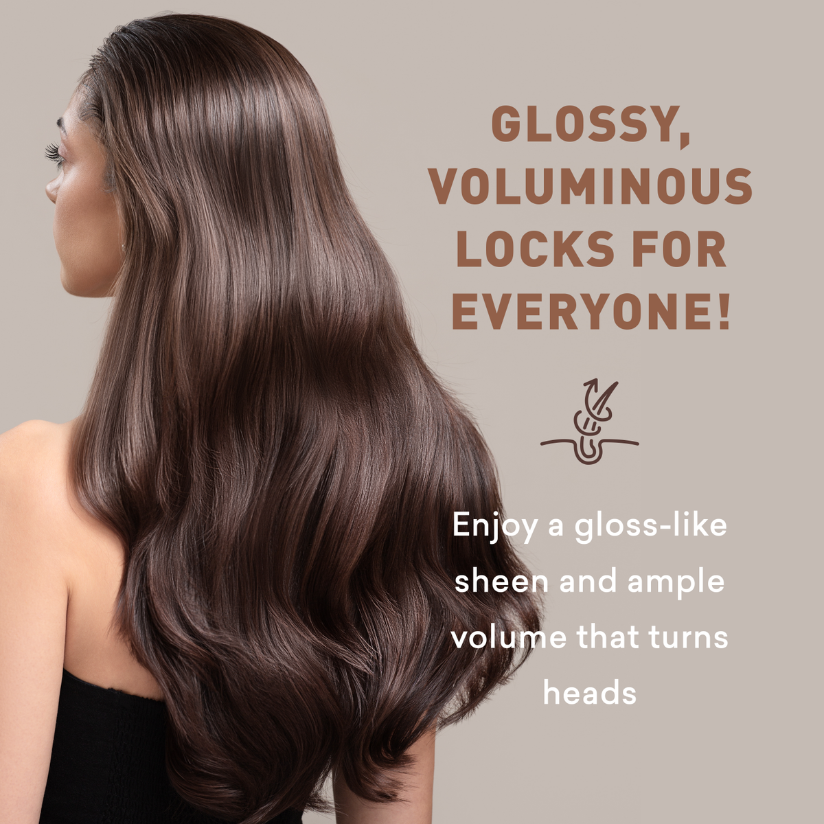Woman with long, glossy hair on a beige background with promotional text.