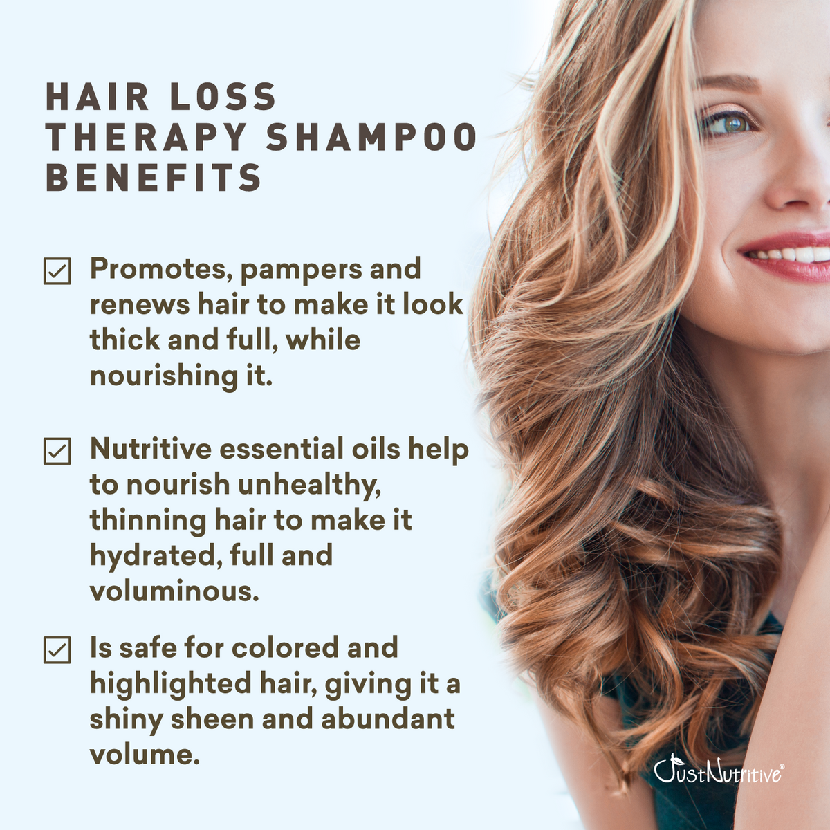 Hair loss therapy shampoo benefits with a woman with styled hair on a light blue background
