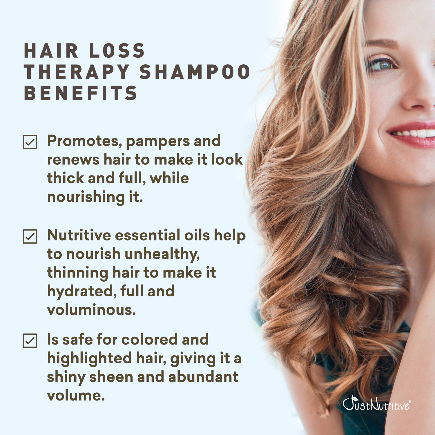 Hair loss therapy shampoo benefits with a woman with styled hair on a light blue background