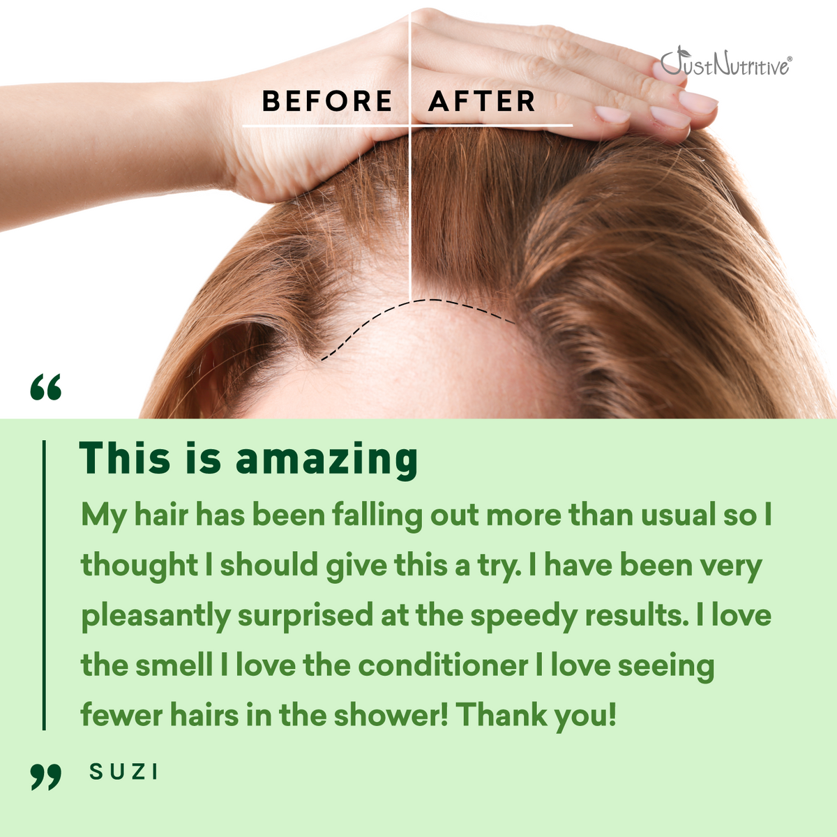 Before and after comparison of hair care product use with a customer review.