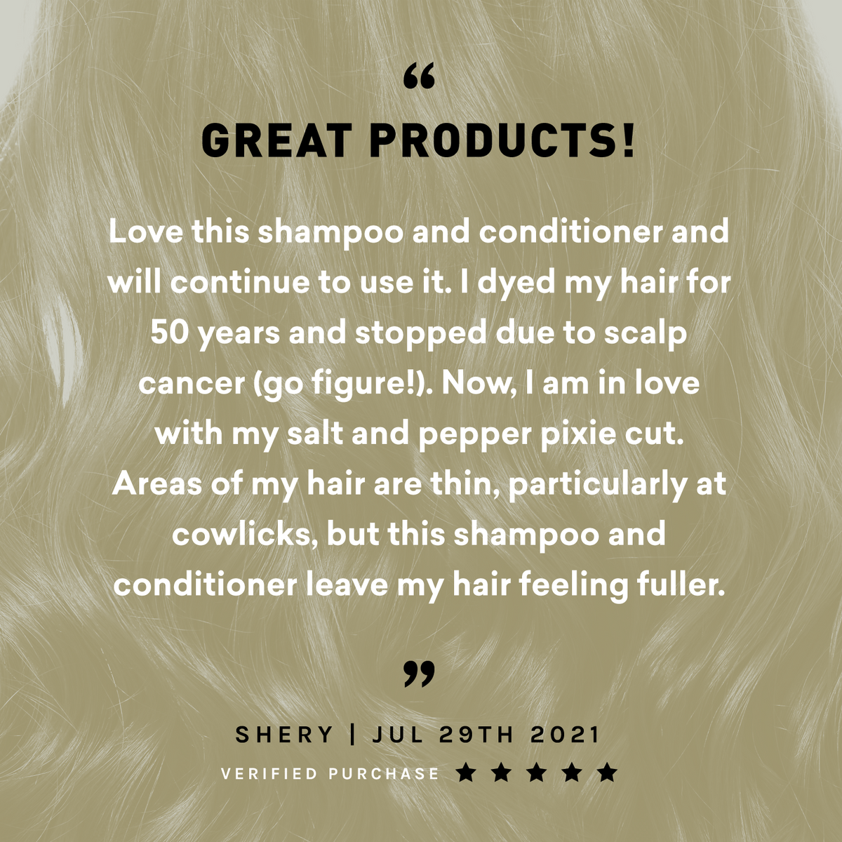 Text review of shampoo and conditioner on a background of blonde hair.