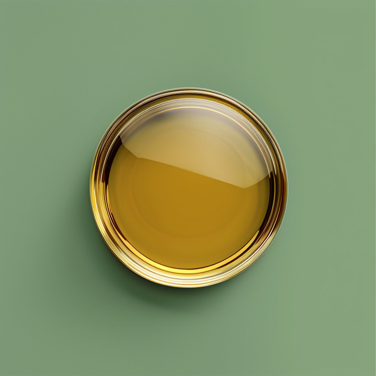 Round container with gold rim filled with a yellowish liquid on a green background