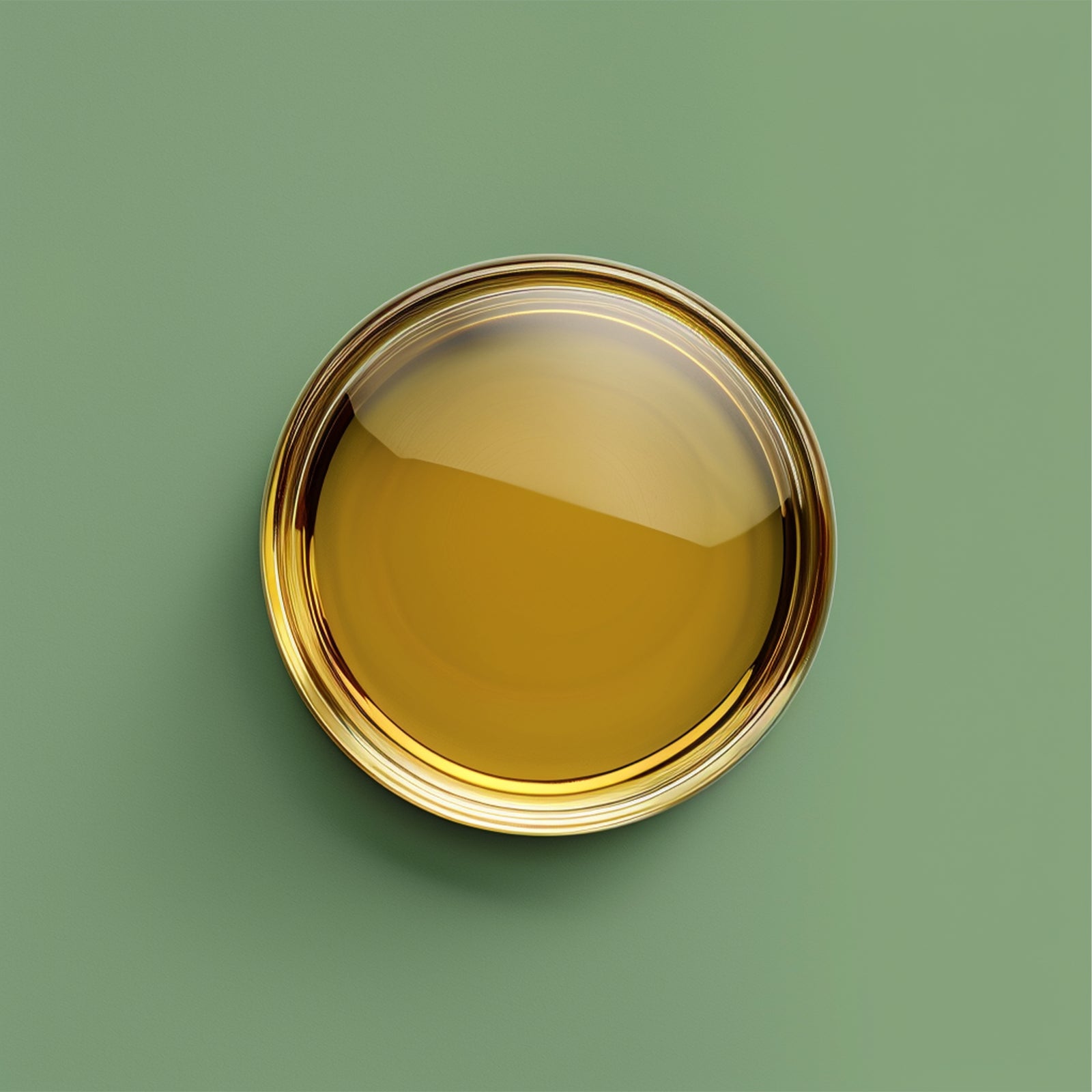 Round container with gold rim filled with a yellowish liquid on a green background