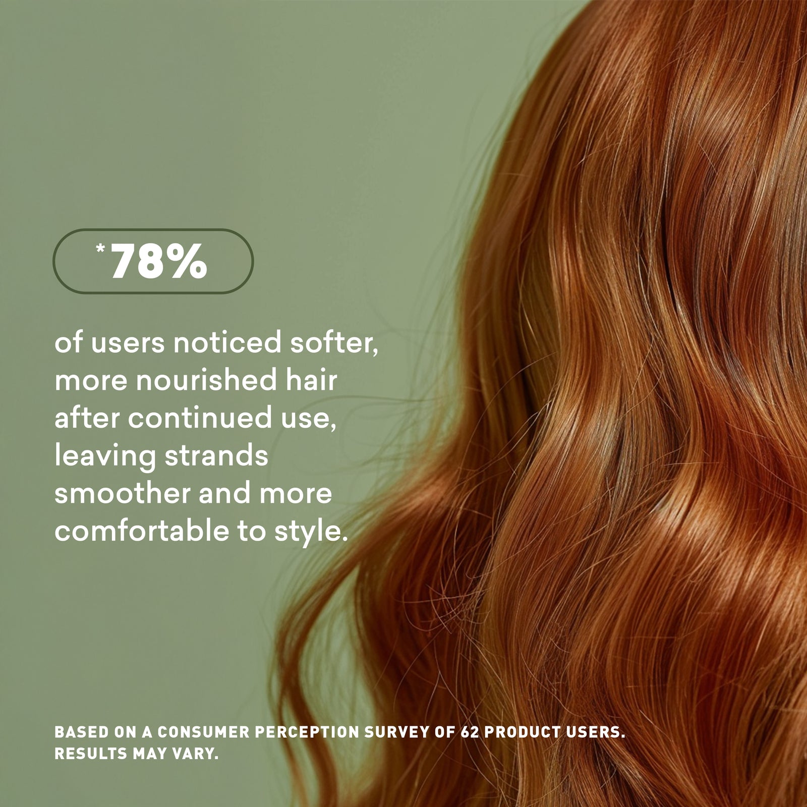 Red hair with a green background and text about hair product user satisfaction.