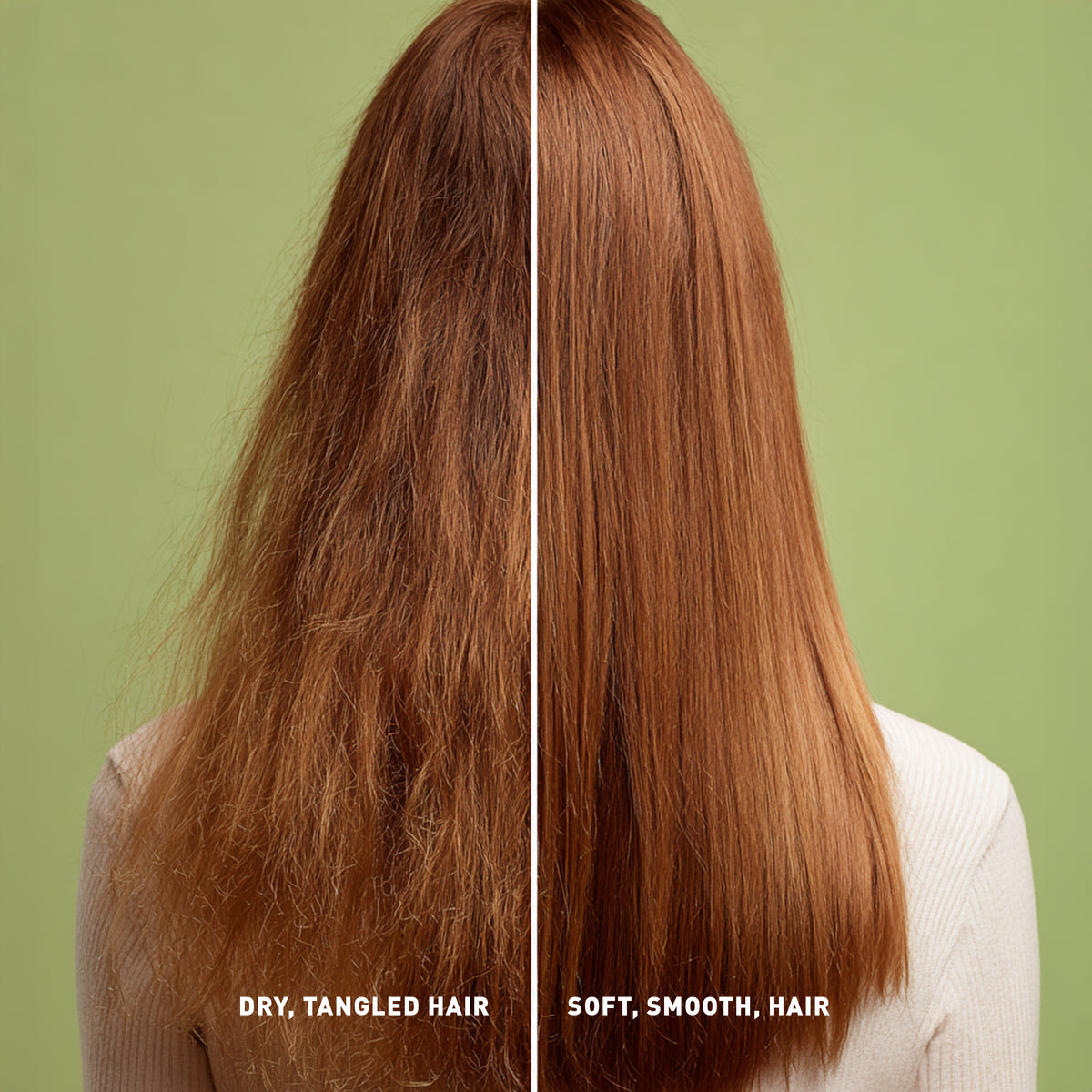 Comparison of dry, tangled hair on the left and soft, smooth hair on the right against a green background.