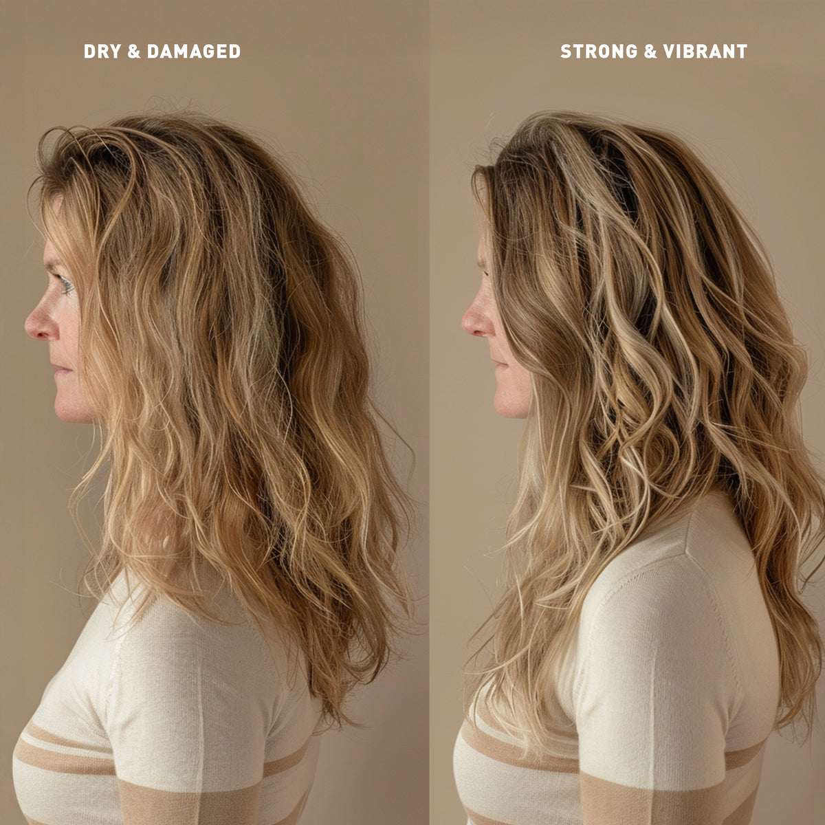 Before and after comparison of dry and damaged hair vs strong and vibrant hair on a person.