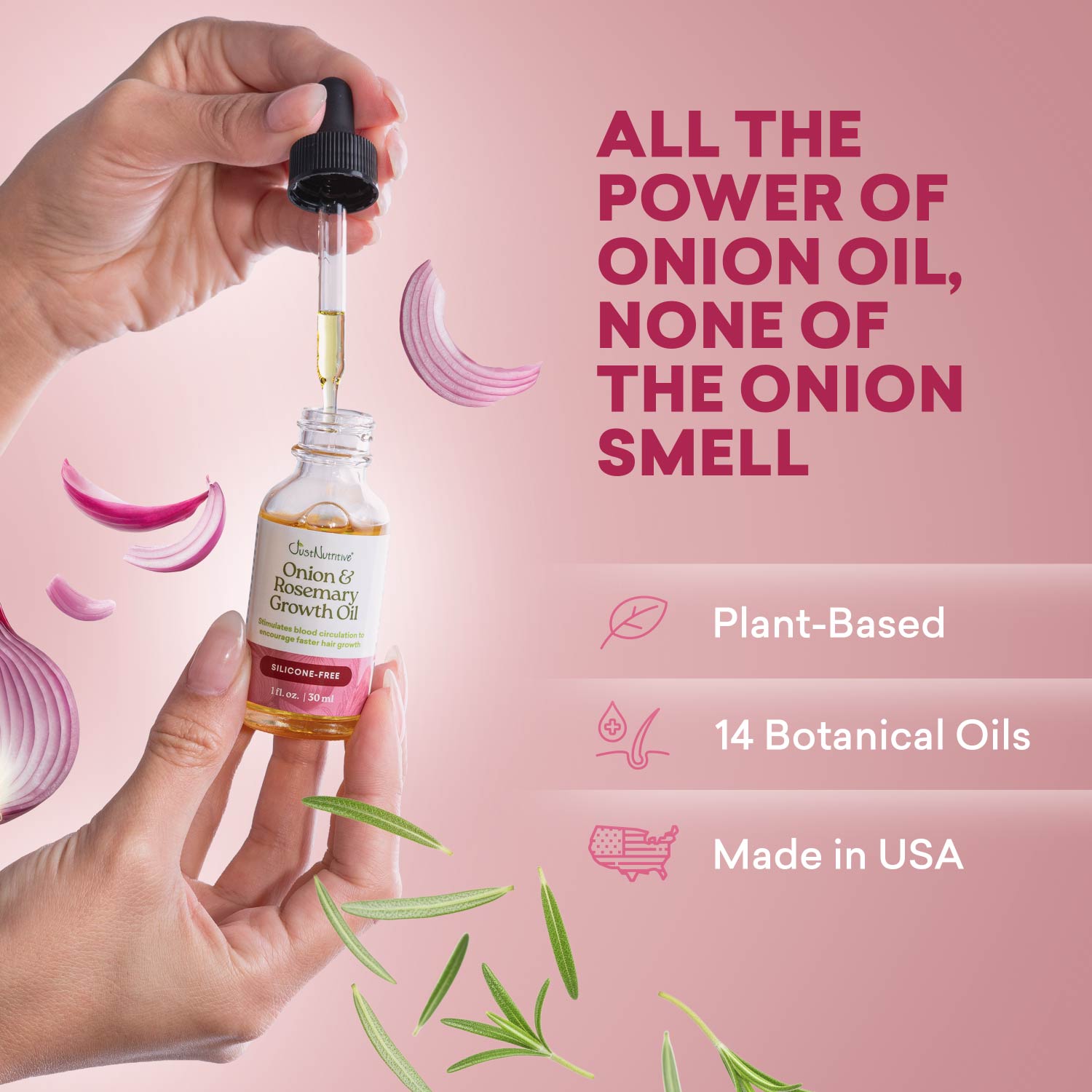 A hand holds a small bottle of onion and rosemary growth oil with a dropper, set against a pink background with floating onion slices, rosemary leaves, and marketing text about plant-based formula and botanical oils.