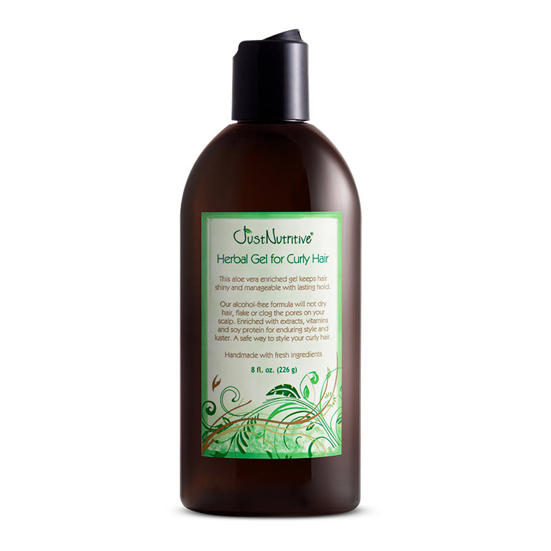 Bottle of Just Nurtive Herbal Gel for Curly Hair on a white background