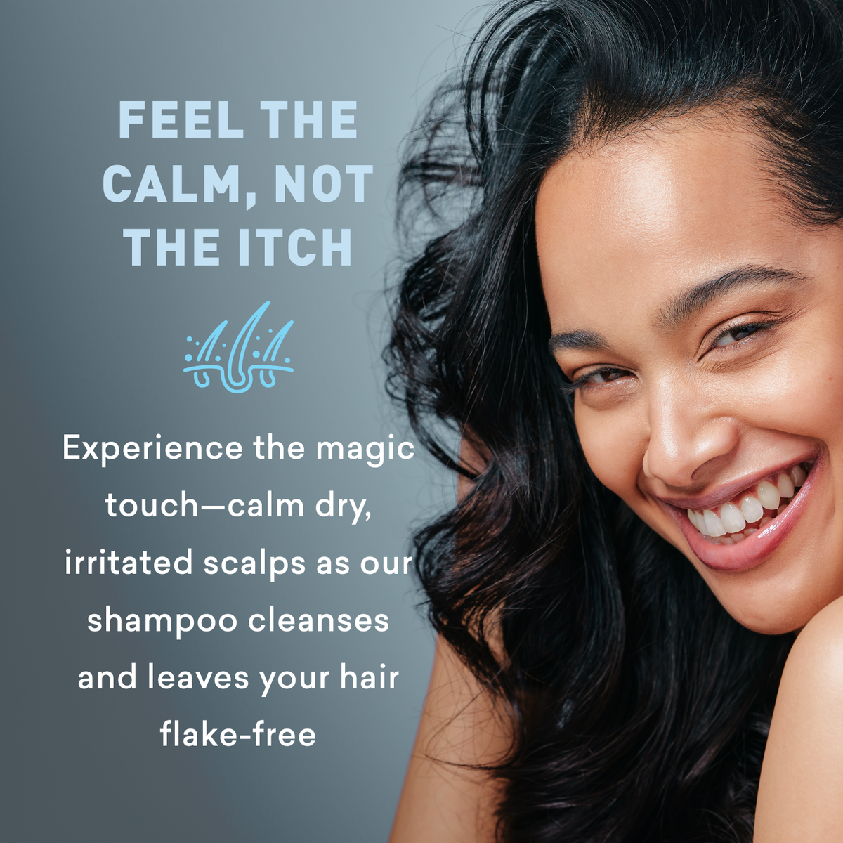 Woman with smooth hair against a gray background with shampoo brand text.