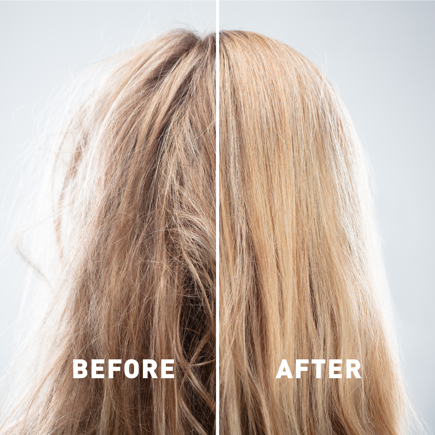 Before and after comparison of hair treatment on a person with blonde hair.