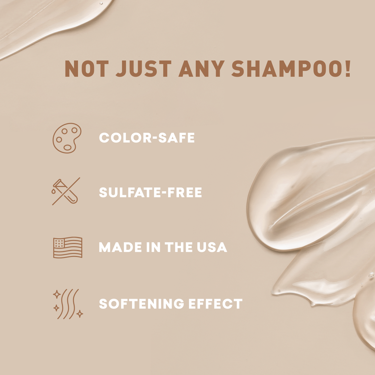 Shampoo product with text highlighting features on a beige background