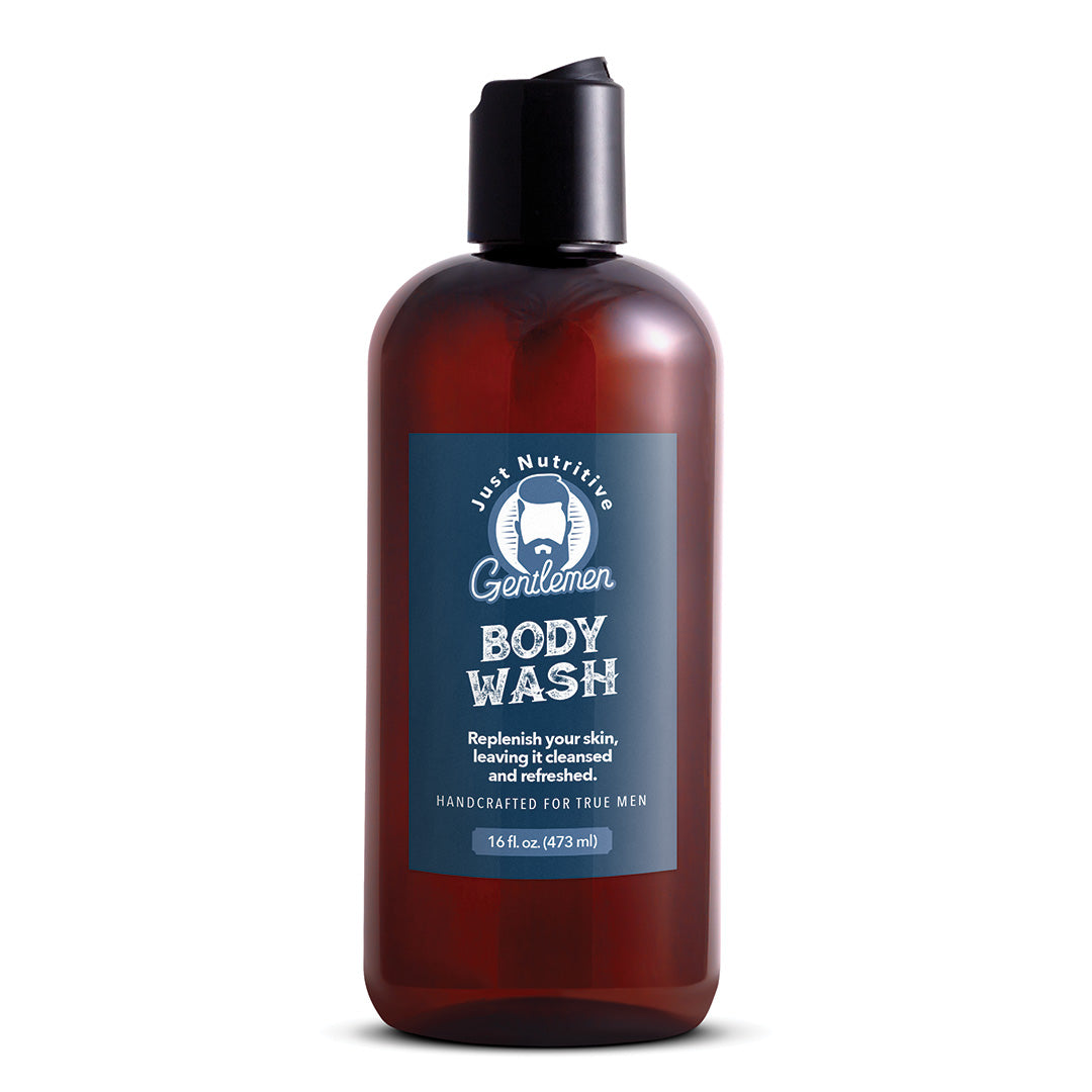 Brown bottle of body wash with a blue label on a white background