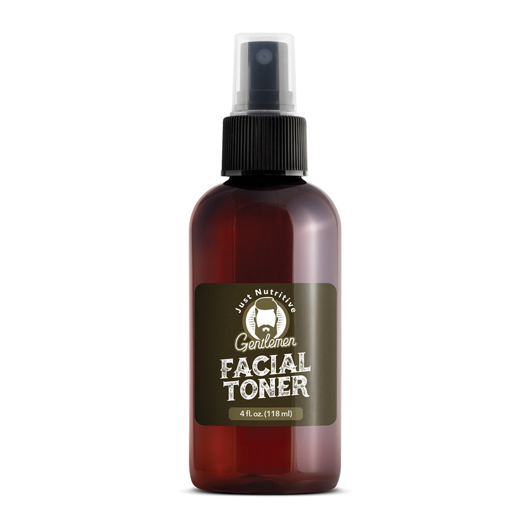 Facial toner bottle with a label on a white background