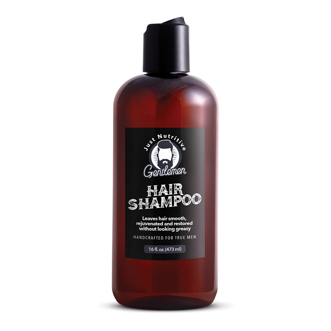 Brown hair shampoo bottle with black label on a white background