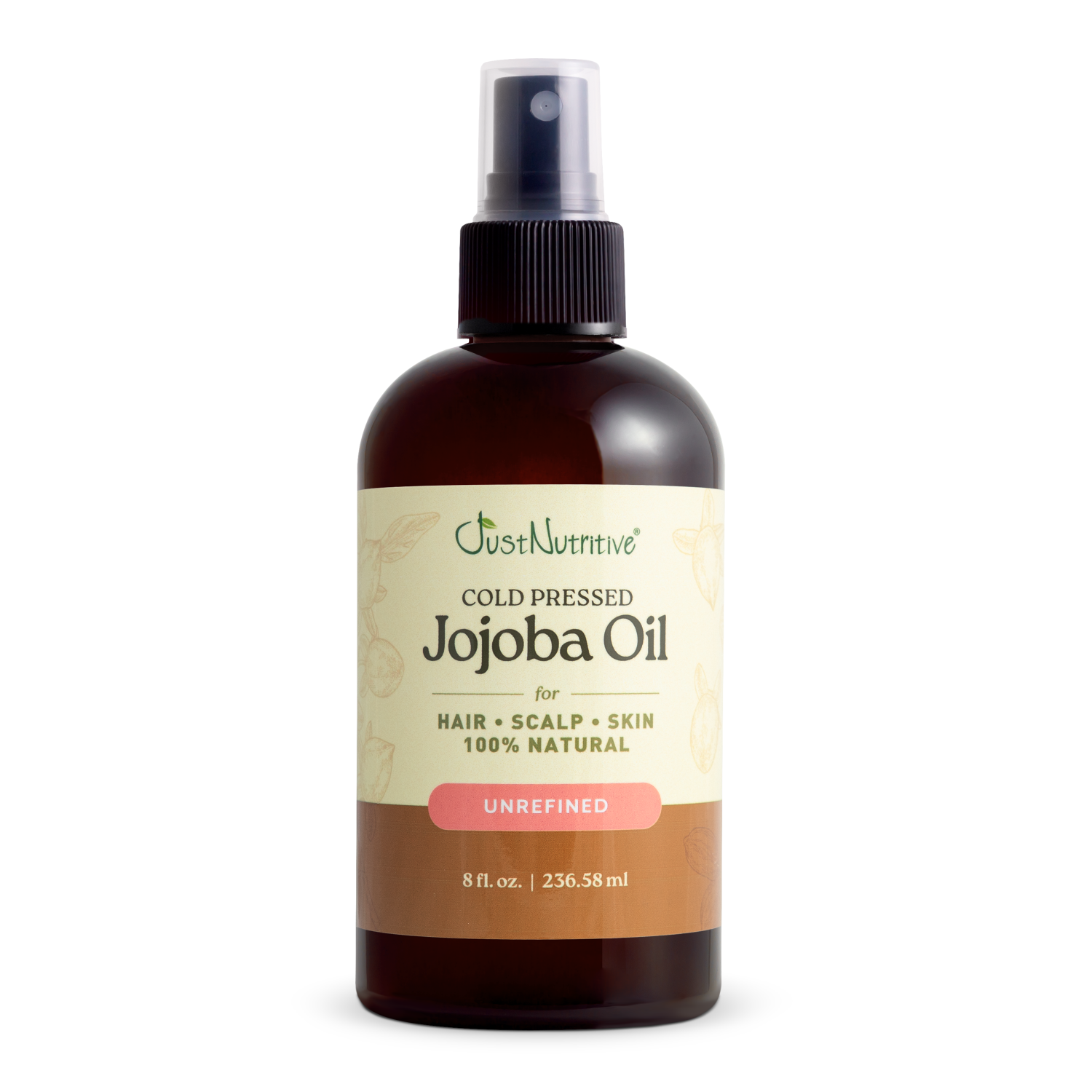 Bottle of Just Nutritive cold pressed jojoba oil on a white background