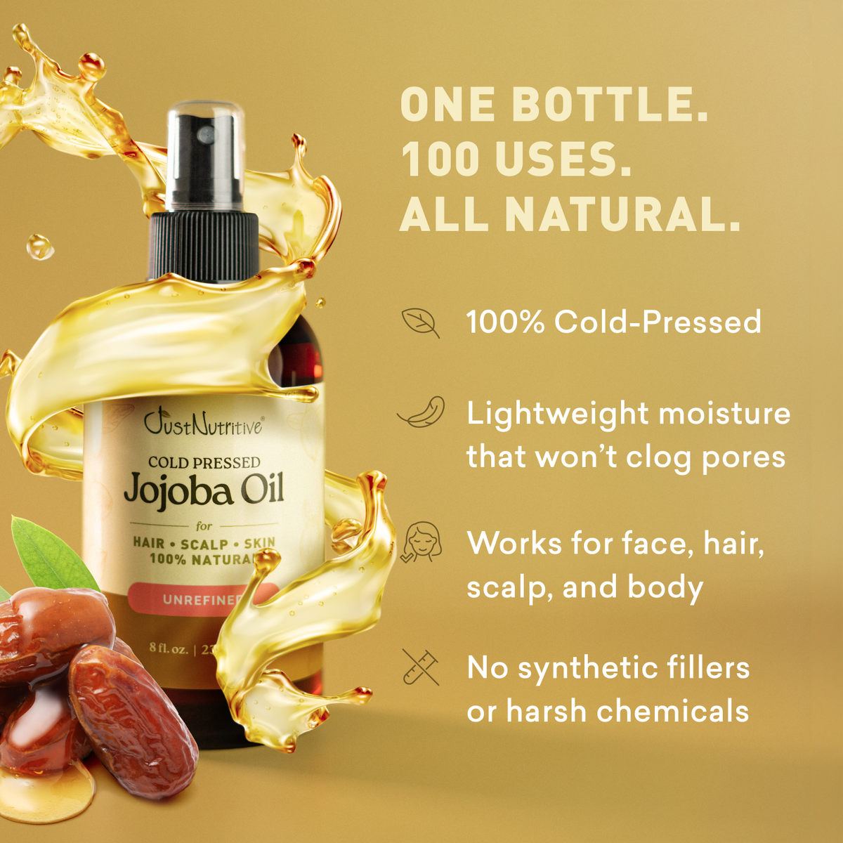 Jojoba oil bottle with product features on a gold background