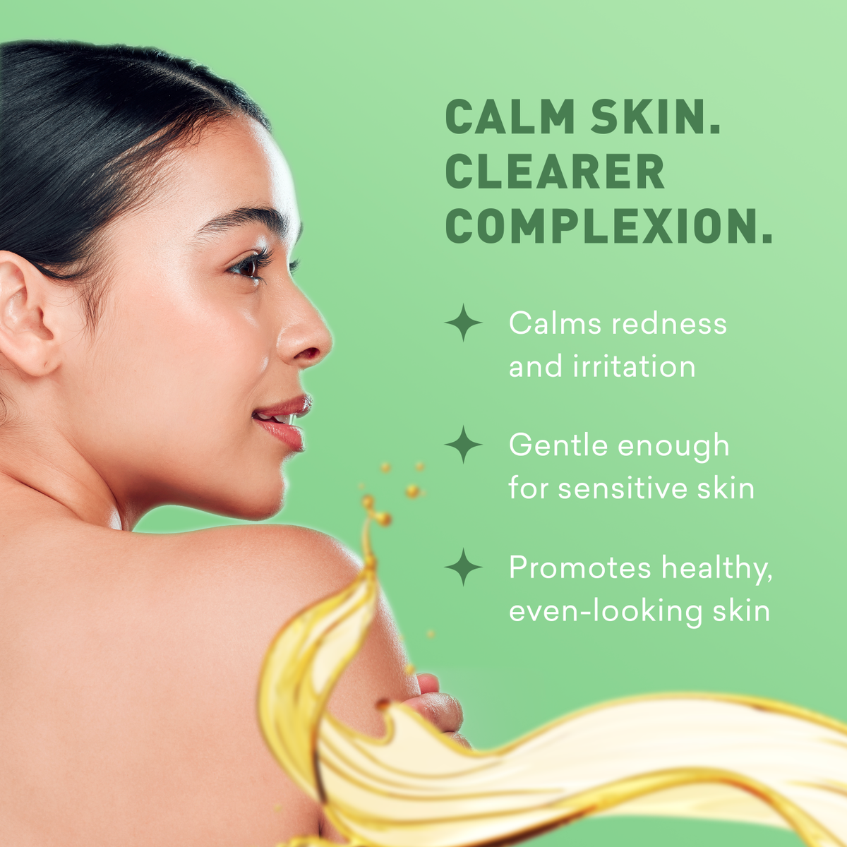 Woman with a smooth neck and shoulders against a green background with skincare product text.