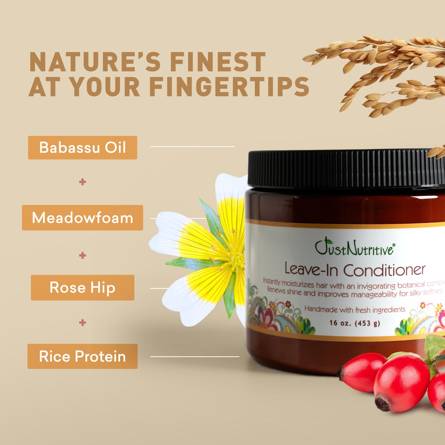 Oust Nutritive leave-in conditioner jar with ingredients listed on a beige background