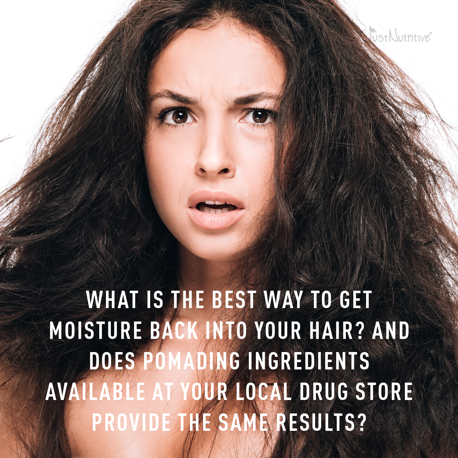 Woman with long, wavy hair looking directly at the camera with text overlay.