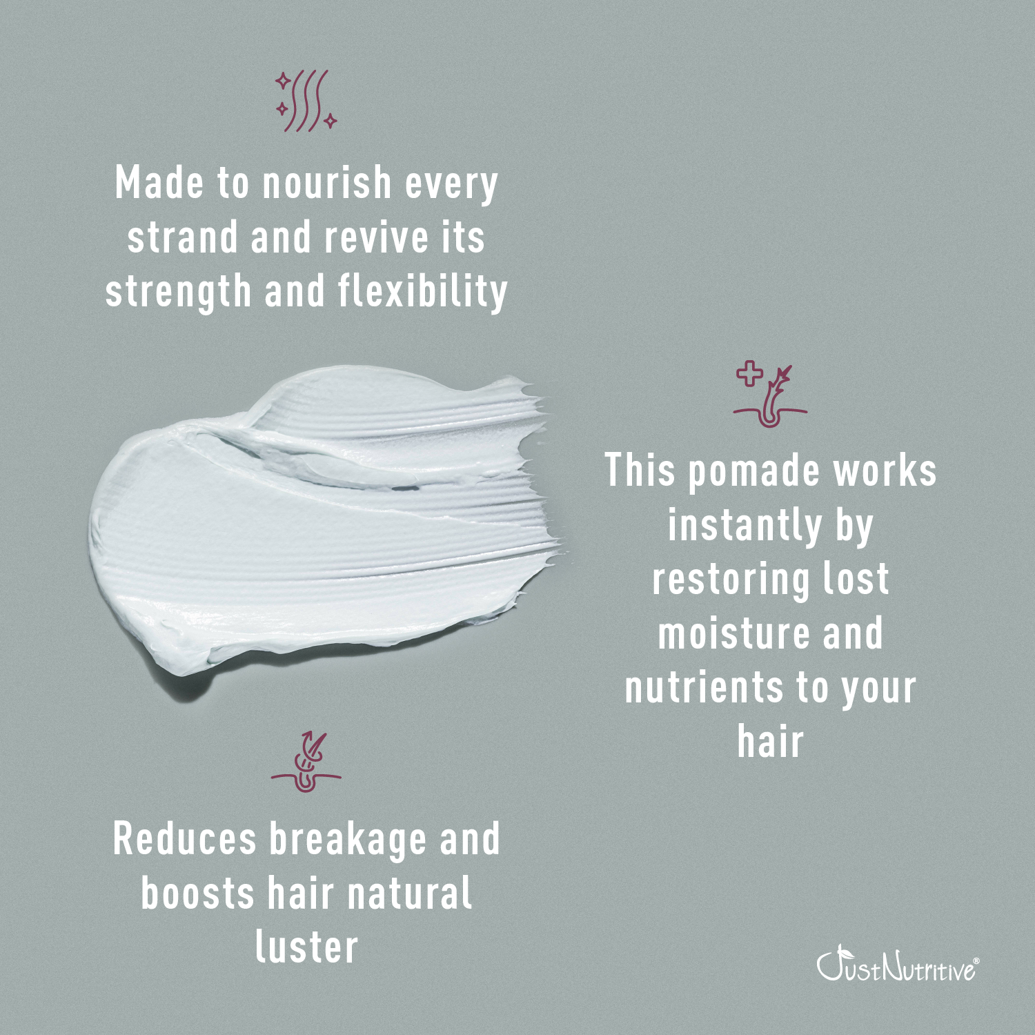 Pomade with text on a gray background, featuring Just Nutritive brand.