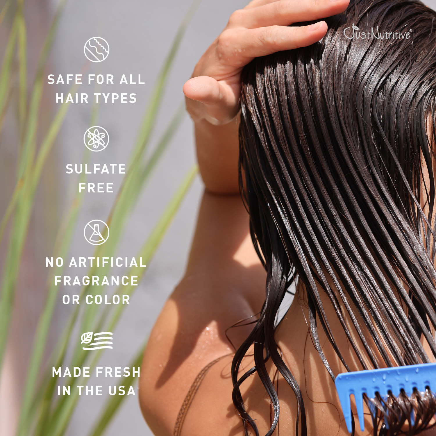 Person with wet hair holding a blue comb, with product features listed on the left.