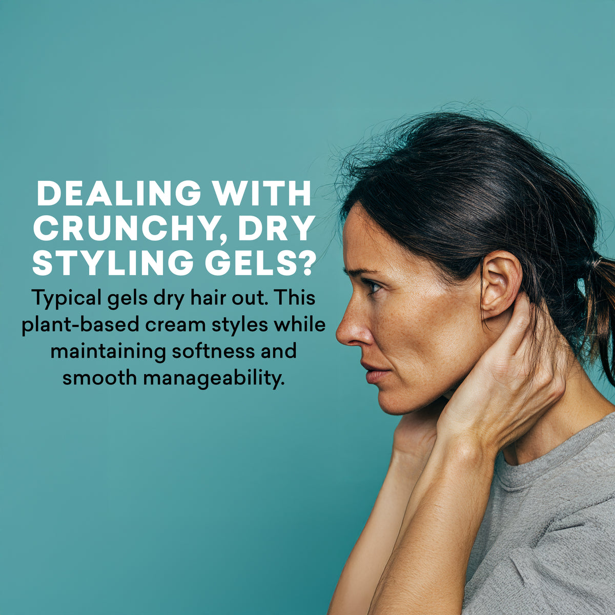 Woman with styled hair against a teal background with text about styling gels.