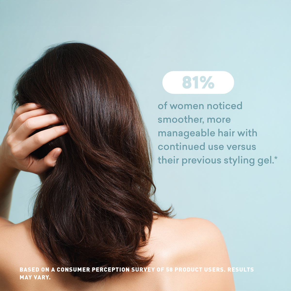 Woman with smooth hair against a light blue background with text about styling gel.