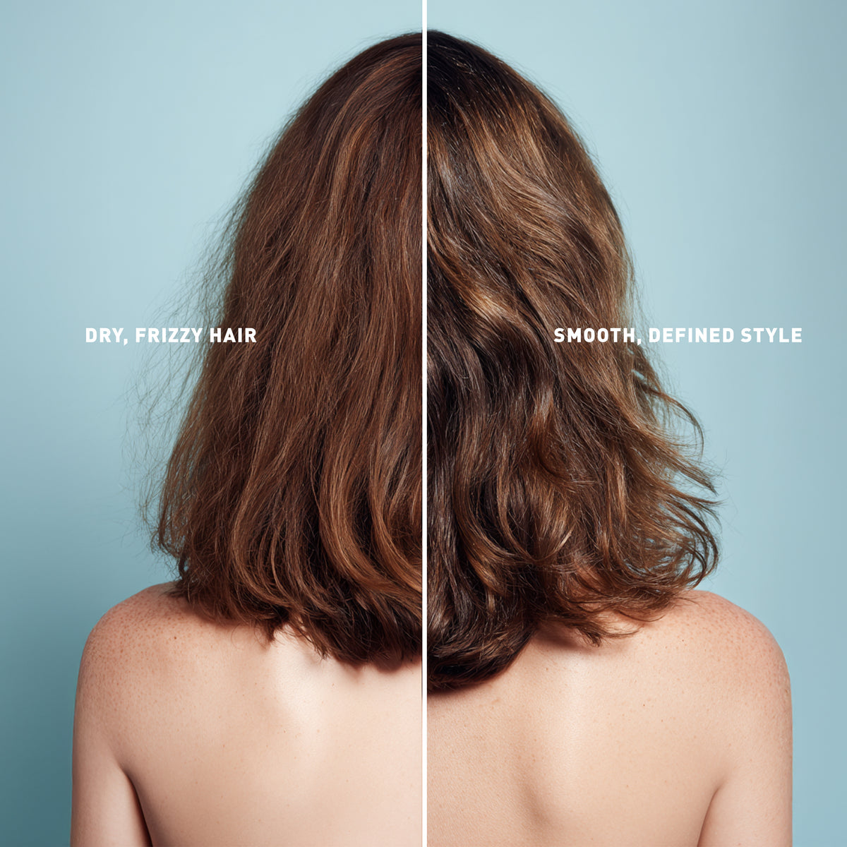 Comparison of dry, frizzy hair on the left and smooth, defined style on the right against a light blue background.