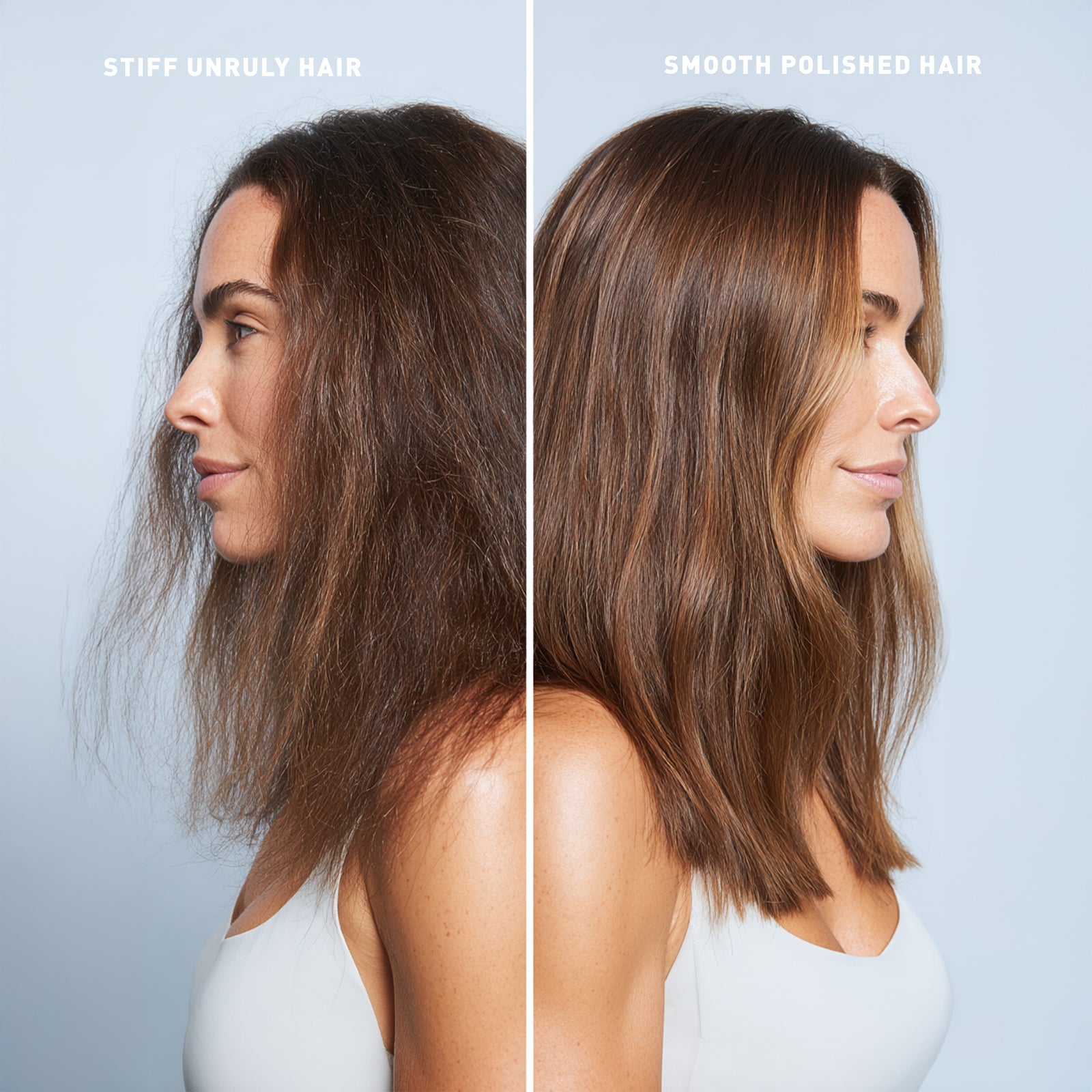 Before and after comparison of hair styling with 'Stiff Unruly Hair' on the left and 'Smooth Polished Hair' on the right.