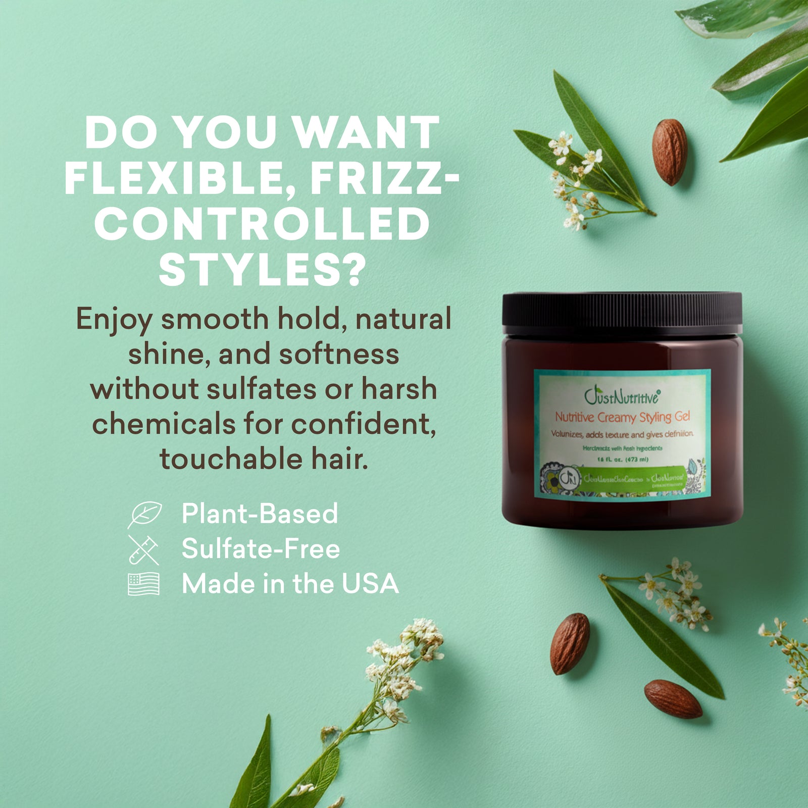 Jar of hair product with text about flexible, frizz-controlled styles on a light green background with leaves and nuts.