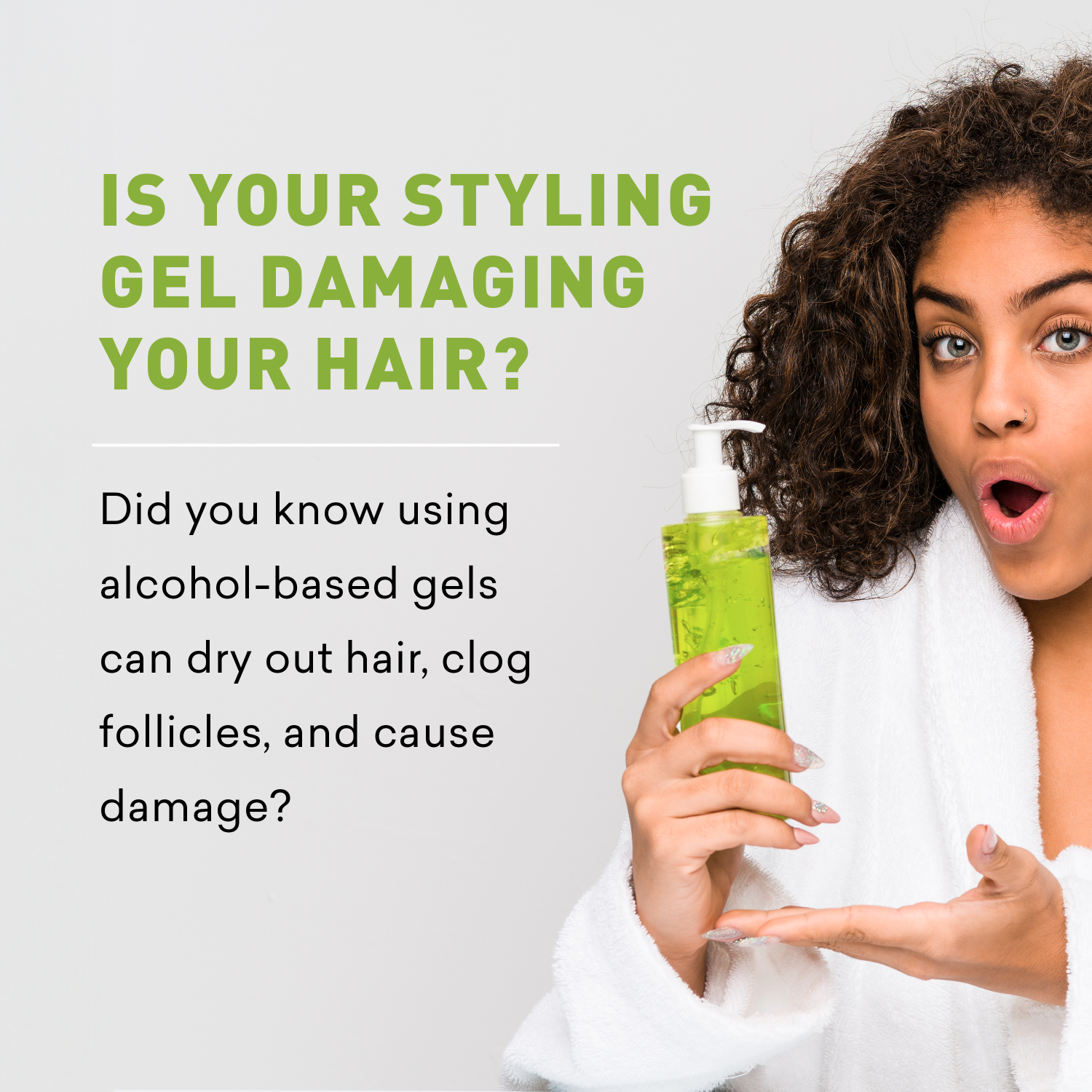 Woman holding a green bottle with text about hair care and alcohol-based gels