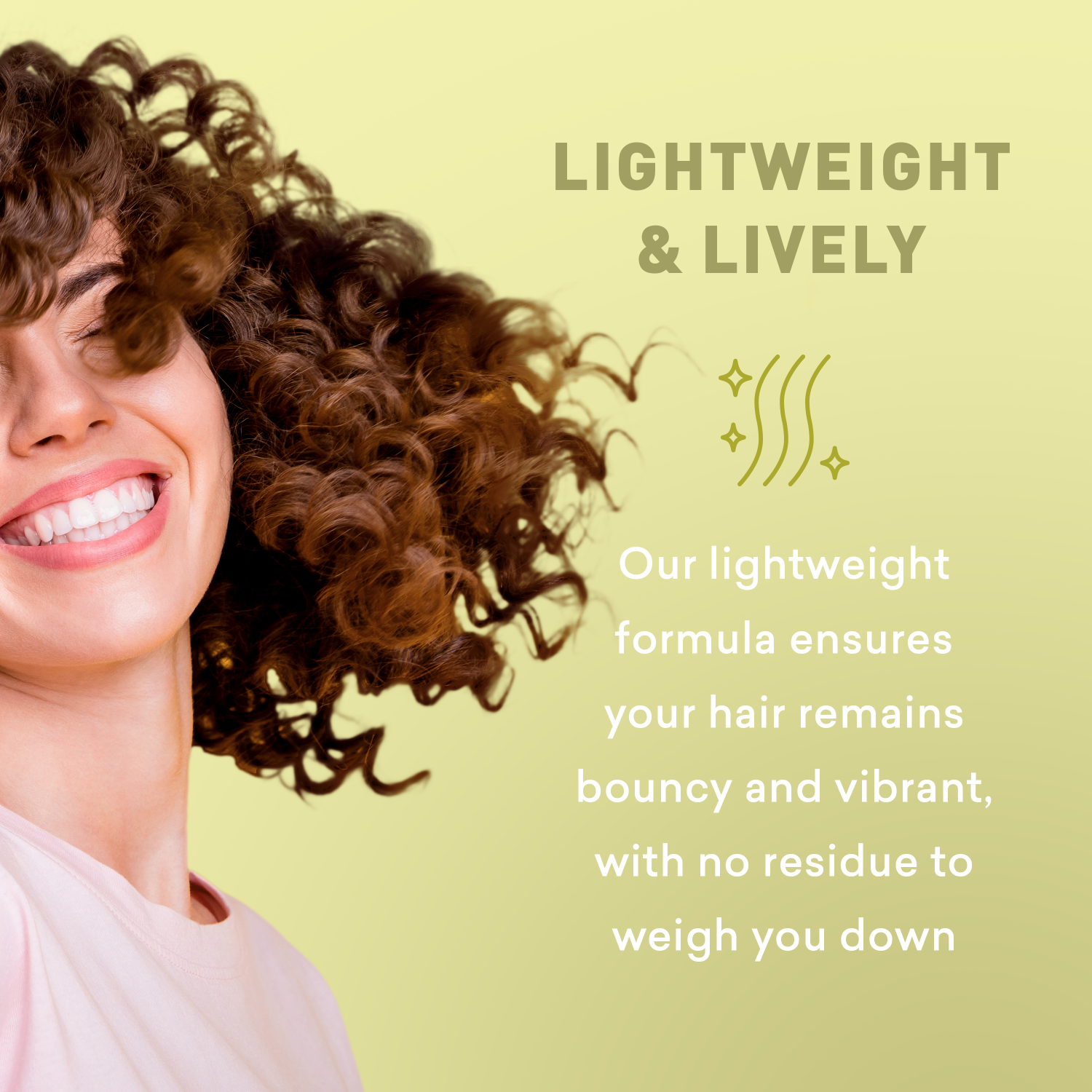 Woman with curly hair on a light green background with text about a lightweight hair product.