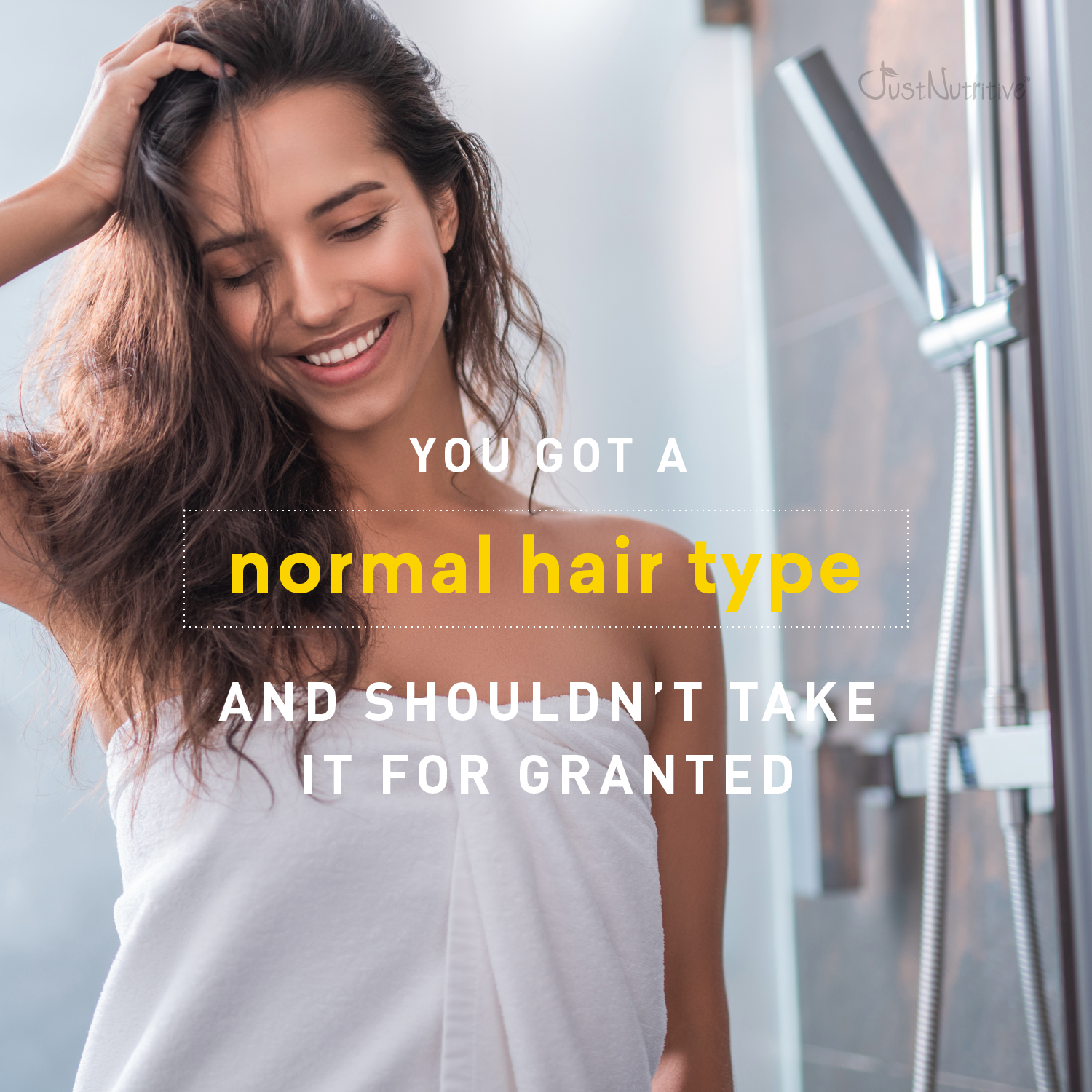 Woman with normal hair type standing in a bathroom, text overlay about normal hair type.