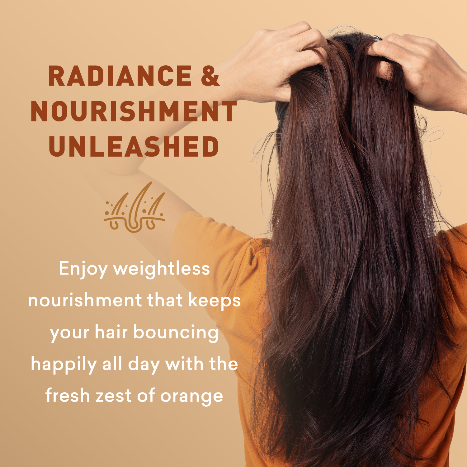 Person with long hair against a beige background with text about hair care and nourishment.