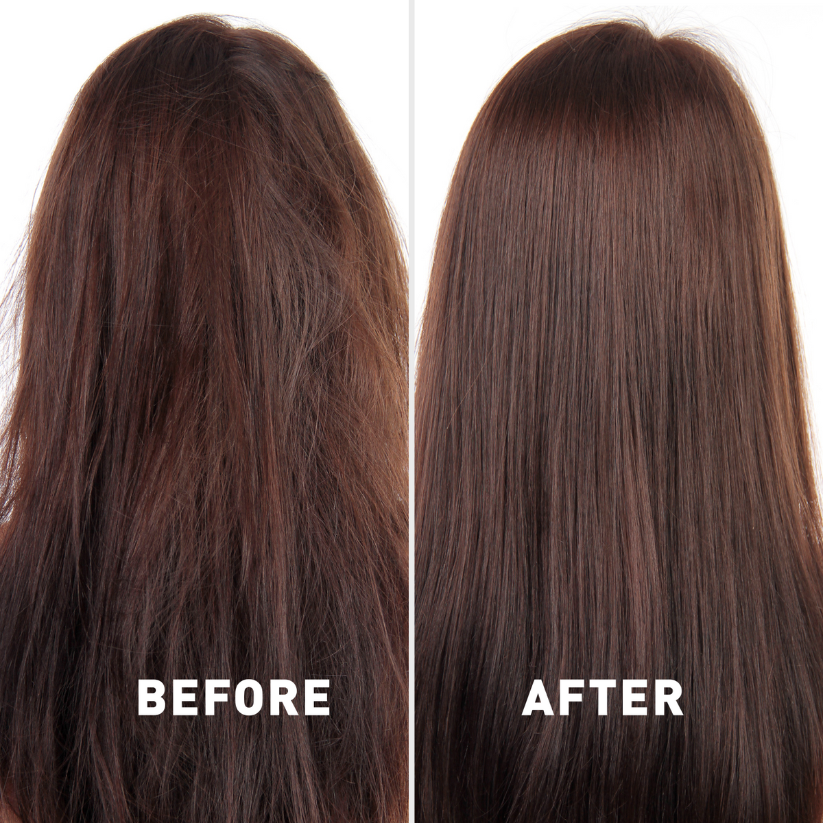 Before and after comparison of hair treatment on a person with long brown hair.